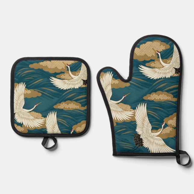 Japanese Cranes Oven Mitt & Pot Holder Set (Front)