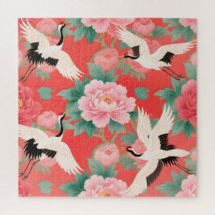 Japanese Cranes Peonies Red Chinoiserie Elegance Jigsaw Puzzle