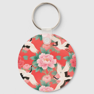 Japanese Cranes Peonies Red Chinoiserie Elegance Keychain