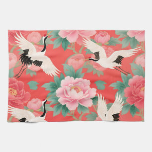 Japanese Cranes Peonies Red Chinoiserie Elegance Kitchen Towel