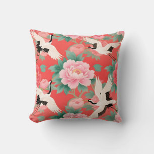 Japanese Cranes Peonies Red Chinoiserie Elegance Throw Pillow