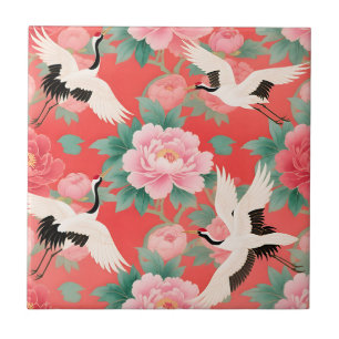 Japanese Cranes Peonies Red Chinoiserie Elegance Tile