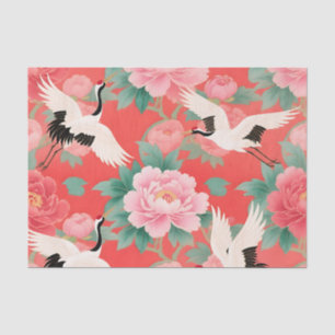 Japanese Cranes Peonies Red Chinoiserie Elegance Tissue Paper