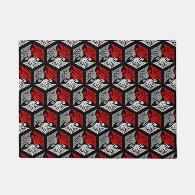 Japanese Cranes, Red, Grey / Grey and Black Doormat (Front)