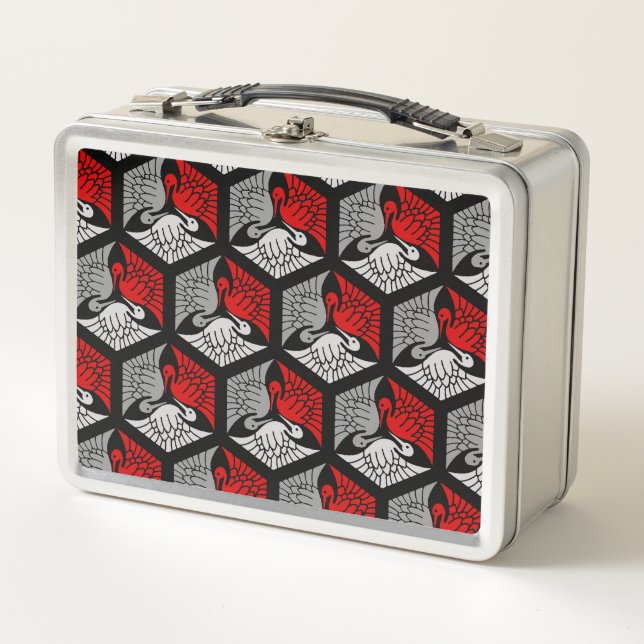 Japanese Cranes, Red, Grey / Grey and Black Metal Lunch Box (Front)