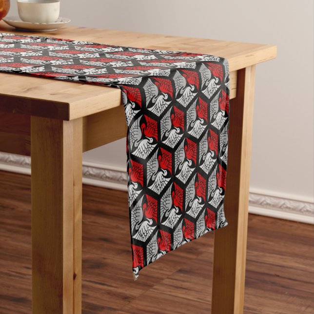 Japanese Cranes, Red, Grey / Grey and Black Short  Short Table Runner (In Situ)