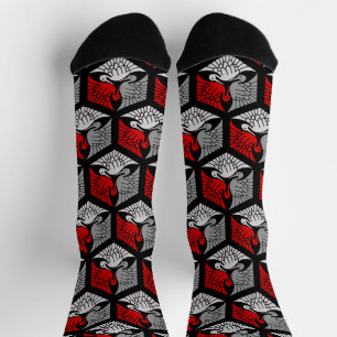 Japanese Cranes, Red, Grey / Grey and Black Socks