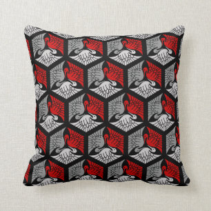Japanese Cranes, Red, Grey / Grey and Black Throw  Pillow