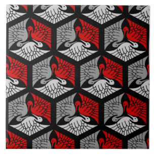 Japanese Cranes, Red, Grey / Grey and Black Tile