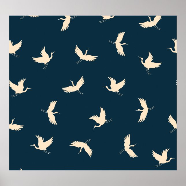 Japanese Cranes Silhouette Vintage Pattern Poster (Front)