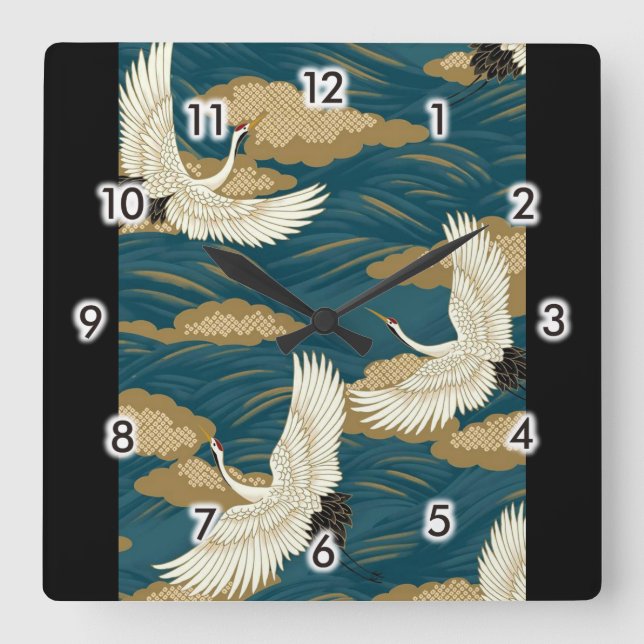 Japanese Cranes Square Wall Clock (Front)