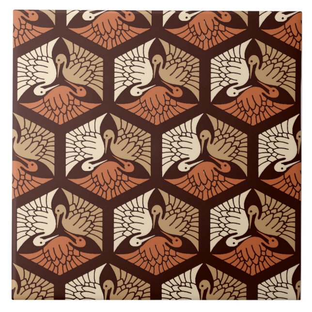Japanese Cranes, Tan, Rust & Chocolate Brown  Cera Tile (Front)
