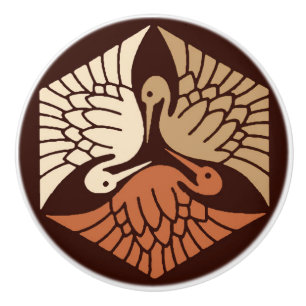 Japanese Cranes, Tan, Rust & Chocolate Brown Ceramic Knob