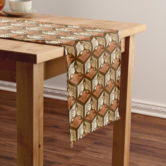 Japanese Cranes, Tan, Rust & Chocolate Brown  Short Table Runner (In Situ)