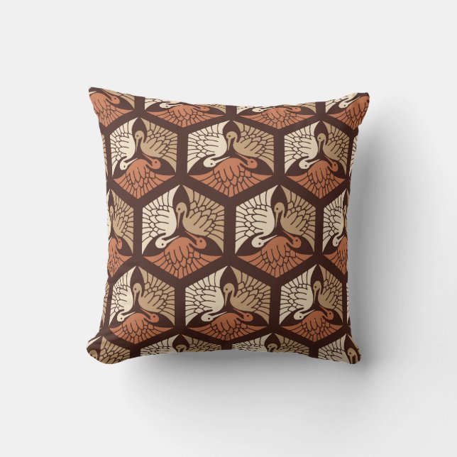 Japanese Cranes, Tan, Rust & Chocolate Brown Throw Pillow (Front)