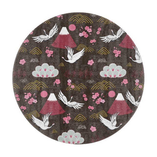 Japanese Cranes: Traditional Seamless Pattern Cutting Board (Front)