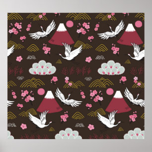 Japanese Cranes: Traditional Seamless Pattern Poster