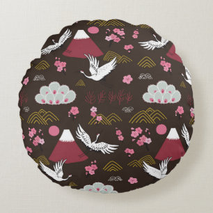 Japanese Cranes: Traditional Seamless Pattern Round Pillow