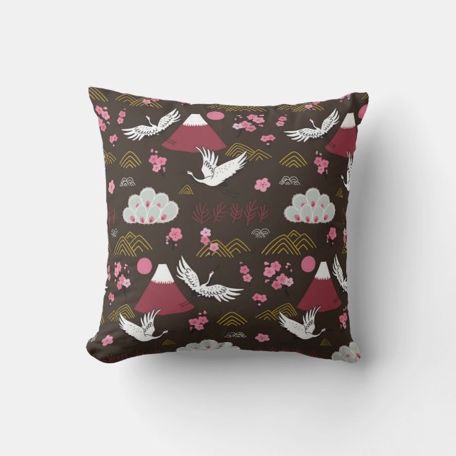 Japanese Cranes: Traditional Seamless Pattern Throw Pillow (Front)