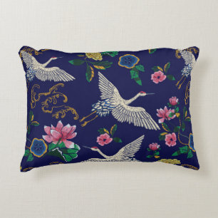 Japanese cranes, waves and flowers. Embroidery ill Accent Pillow