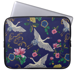Japanese cranes, waves and flowers. Embroidery ill Laptop Sleeve