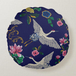 Japanese cranes, waves and flowers. Embroidery ill Round Pillow