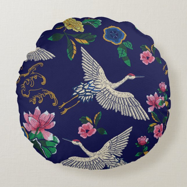 Japanese cranes, waves and flowers. Embroidery ill Round Pillow (Front)