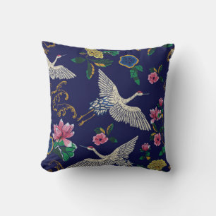 Japanese cranes, waves and flowers. Embroidery ill Throw Pillow