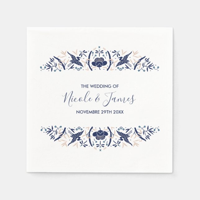 Japanese | Crested ibis Lotus Personalized Wedding Napkin (Front)