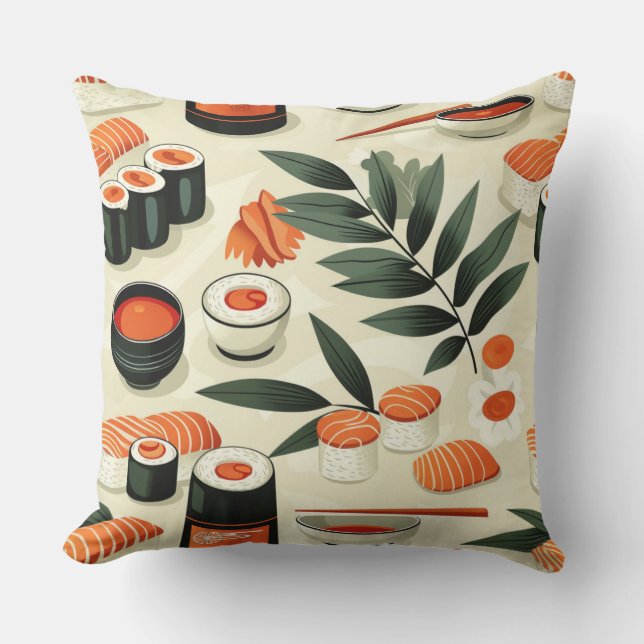 Japanese cuisine, rolls, sushi, sushi sticks, soy  throw pillow (Front)
