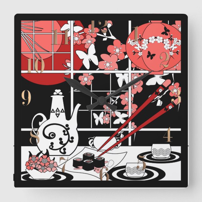 Japanese cuisine square wall clock (Front)