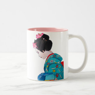 Japanese cute Geisha with cherry blossom Two-Tone Coffee Mug