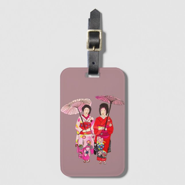 Japanese cute Geisha with pink kimono Luggage Tag (Front Vertical)