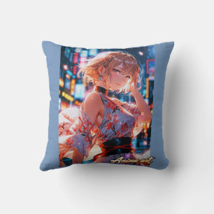 Japanese Cyberpunk Anime Girl Poster Neon City Throw Pillow