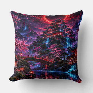 Japanese Cyberpunk Castle Poster Throw Pillow