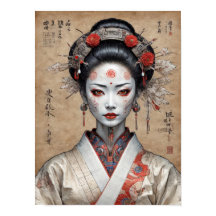Japanese cyberpunk geisha on parchment