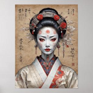 Japanese cyberpunk geisha on parchment poster