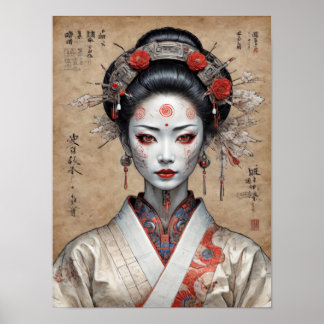 Japanese cyberpunk geisha on parchment poster