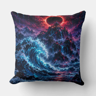 Japanese Cyberpunk Mountain Wave Eclipse Poster Throw Pillow