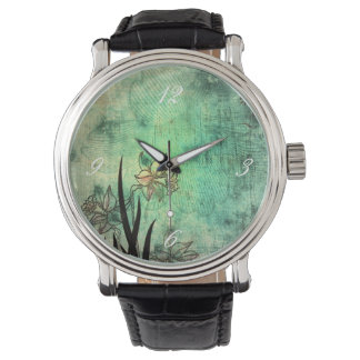Japanese Daffodil Aquamarine Scratch Print Watch