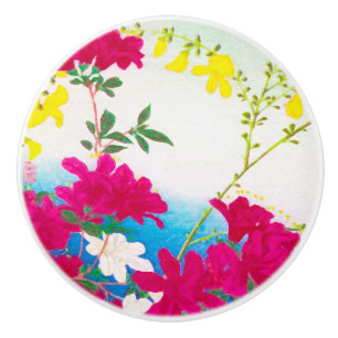 Japanese day lilies - magenta, yellow blue ceramic knob