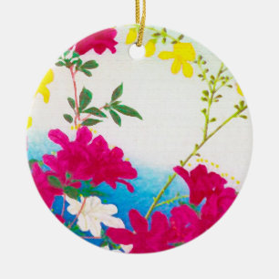 Japanese day lilies - magenta, yellow blue ceramic ornament