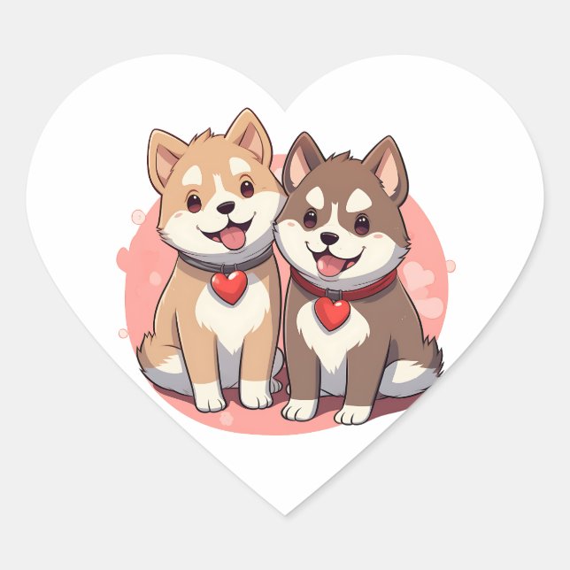 Japanese Dog Couple with Hearts Heart Sticker (Front)