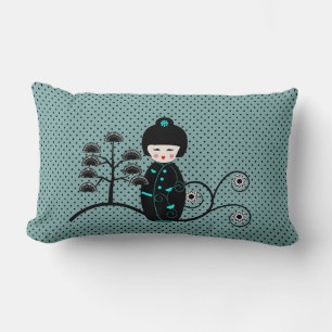 Japanese Doll Black and Blue Polka Dot Lumbar Pillow