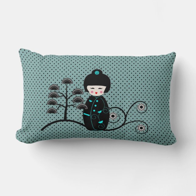 Japanese Doll Black and Blue Polka Dot Lumbar Pillow (Front)