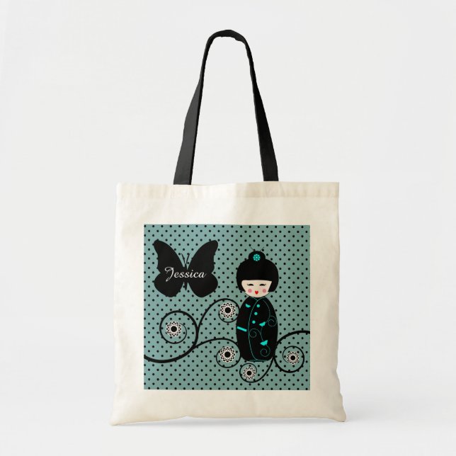 Japanese Doll Polka Dot Personalised Tote Bag (Front)