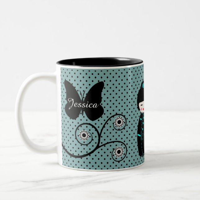 Japanese Doll Polka Dot Personalised Two-Tone Coffee Mug (Left)
