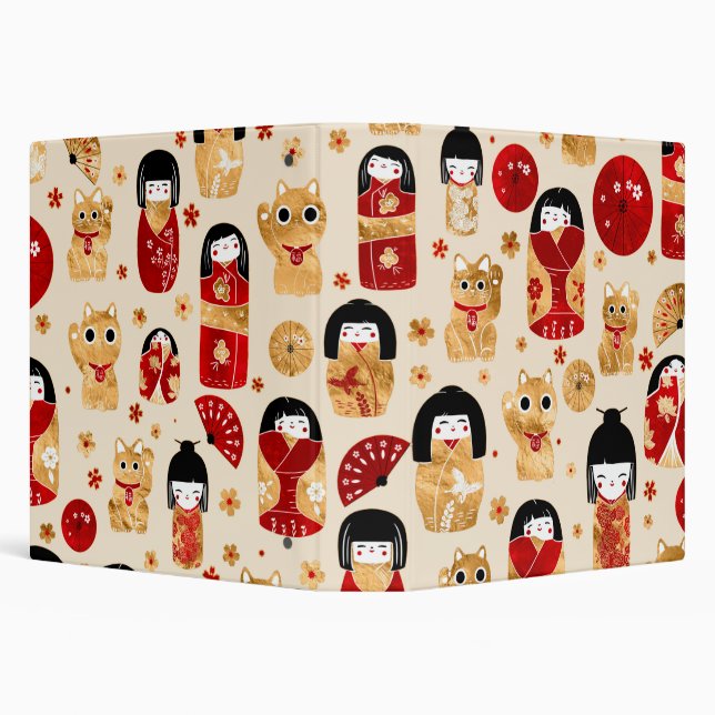 Japanese Dolls - Kokeshi and Maneki Neko Cats Binder (Background)