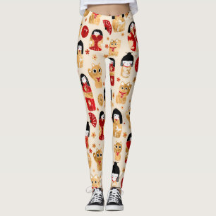 Japanese Dolls - Kokeshi and Maneki Neko Cats Leggings