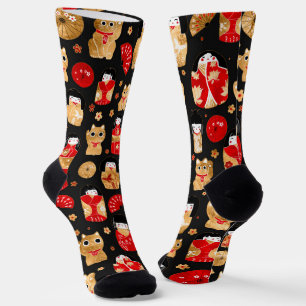 Japanese Dolls - Kokeshi and Maneki Neko Cats Socks